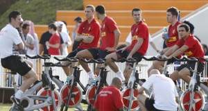 Manchester United players take parts in a training session at the Aspire Academy for Sports Excellence in Doha