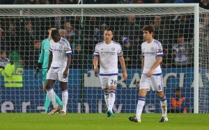 Editorial use only. No merchandising. For Football images FA and Premier League restrictions apply inc. no internet/mobile usage without FAPL license - for details contact Football Dataco
 Mandatory Credit: Photo by Kieran McManus/BPI/REX/Shutterstock (5491852o)
 Chelsea players look dejected after Jamie Vardy of Leicester City scores a goal to make the score 1-0 during the Barclays Premier League match between Leicester City and Chelsea played at The King Power Stadium, Leicester on 14th December 2015
 Barclays Premier League 2015/16 Leicester City v Chelsea King Power Stadium, Filbert Way, Leicester, United Kingdom - 14 Dec 2015
